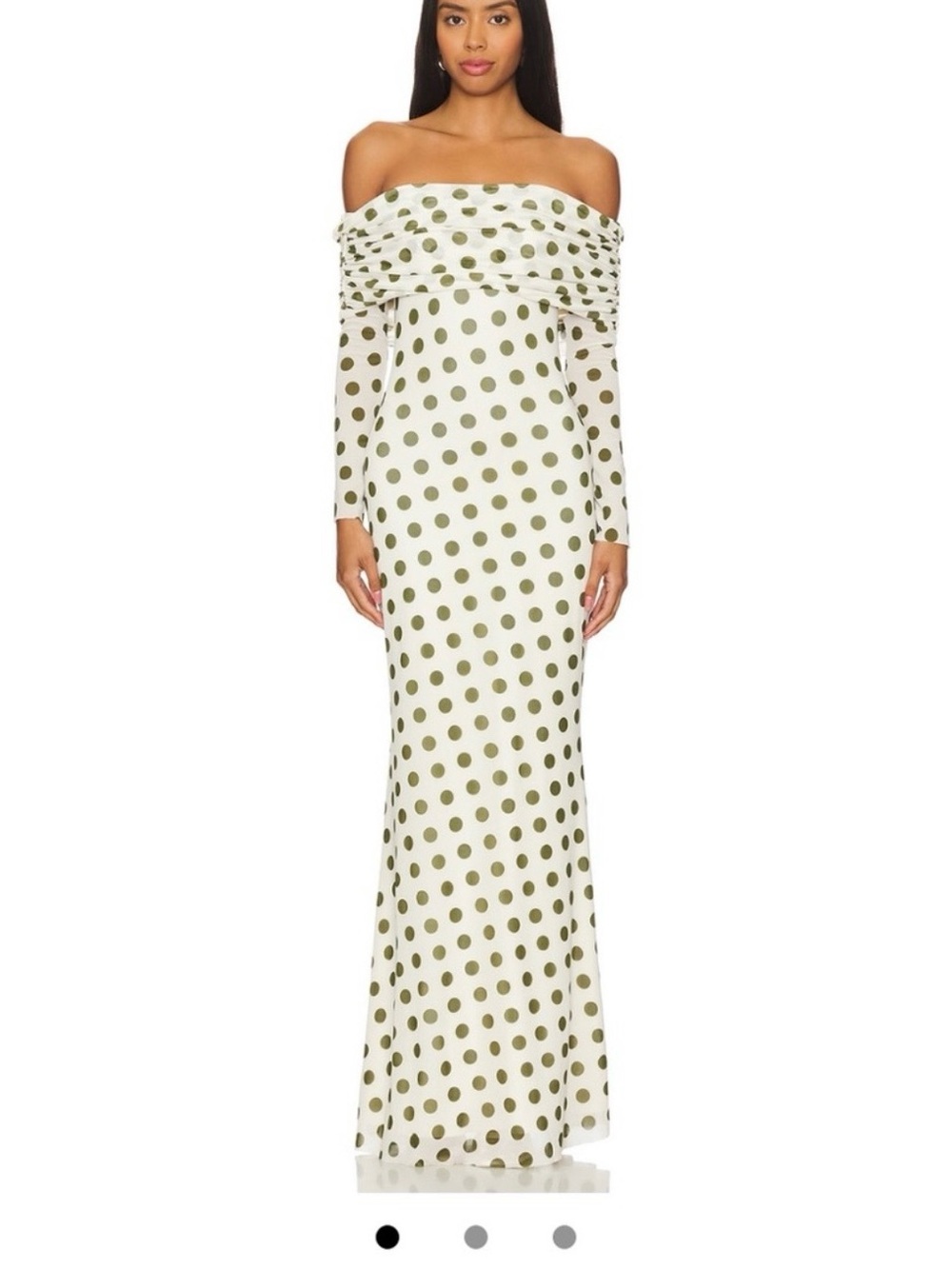AFRM Off-Shoulder White Maxi Dress with Olive Polka Dots